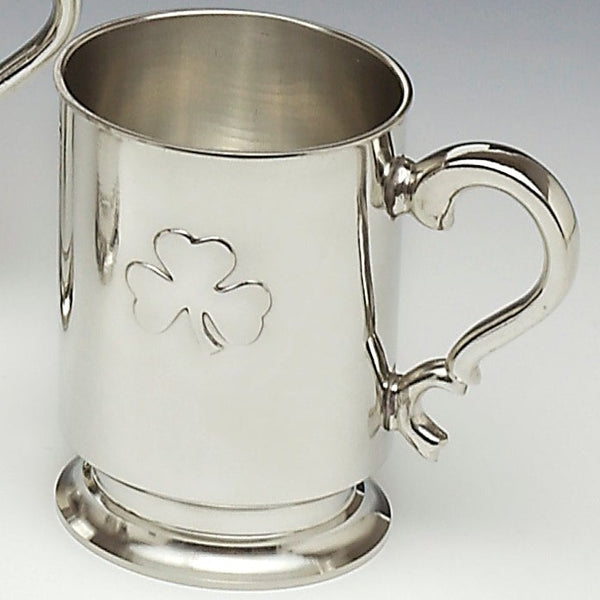 Pint Tankard with Shamrock design. Great for night out or just a quite drink at home stands 6" tall polished Pewter Silverware finish.