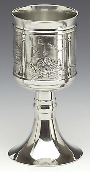 ST PATRICK CHALICE. This religous chalice tells the story of St. Patrick in picture form. The chalice is 9" tall and has a silver polished base with decorative bowl. Pewter silverware finish. Handmade in Ireland