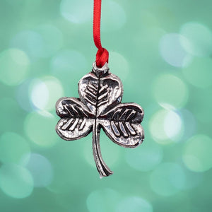 Silver colour Pewter Metal Irish Shamrock Christmas tree decoration. presented on a red ribbon