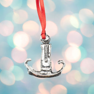 Candle Christmas Tree ornament made from Mullingar Pewter and hung on a red ribbon