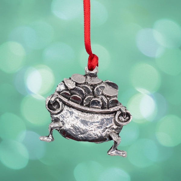 Crock of Gold ornament in silver colour, made from Pewter in Mullingar Pewter Ireland.  Christmas tree ornament on a red ribbon