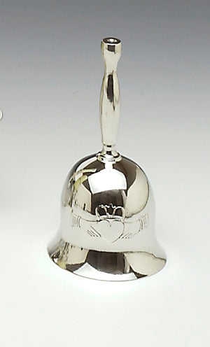 CLADDAGH WEDDING BELL, this 5 1/2" high wedding bell makes a great gift for any wedding party. Polished to a high silver finish it is embellished with the Claddagh, Irelands Love Symbol. Handmade in Ireland