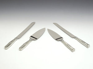 CAKE KNIVES AND SERVERS. All our cake knives and servers are available i Claddagh or Celtic design. The Pewter handles are cast around the stainless steel blades. Each piece is polished to a high silverware finish. The knife is 13" long and the server is 11" long. Handmade in Ireland by Mullingar Pewter