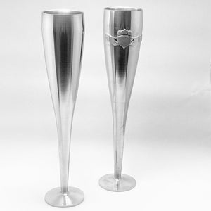 GREEK STYLE WEDDING FLUTES IN PLAIN OR CLADDAGH. These elegant shaped wedding toasting flutes make great engagement or wedding gifts. The flutes stand at 10" tall and are available in Claddagh or plain design. The goblets are polished to a silverware finish. Handmade in Ireland by Mullingar Pewter