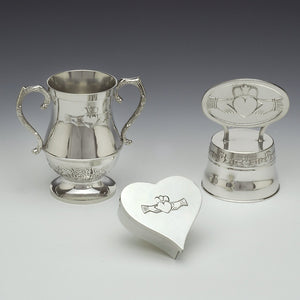 WEDDING DAY items. Wedding cup wedding cake decoration and  heart box all in Claddagh design.