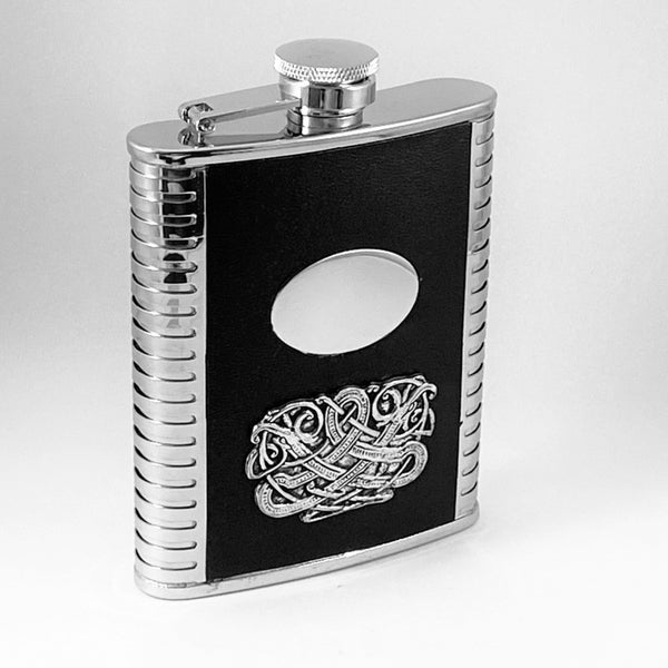 CELTIC LEATHER FLASK SUITABLE FOR ENGRAVING WITH CELTIC DESIGN. A GREAT MANS GIFT. THE FLASF IS 5" TALL AND HOLDS 6 FLUID OZS. 
