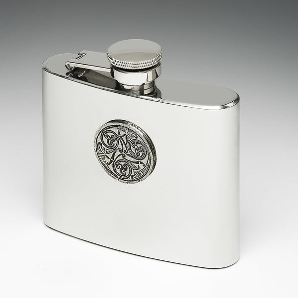 5OZ WHISKEY FLASK. This stainless steel flask is robust and guaranteed to last. The flask is soldered both top and bottom and the lid has a cap saver that ensures you don't drop it. The Celtic design is that of a Celtic spiral design found on Celtic crosses throughout Ireland. The flask makes a great grooms mans gift, fathers day gift or just handy to have when out on a cold winters day. Made in Ireland, by Mullingar Pewter