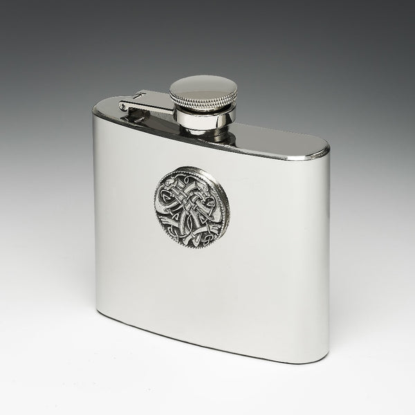 5OZ WHISKEY FLASK made of stainless steel and has a safety cap on top. the flask is hip shaped and 3" tall. Made in Ireland by Mullingar Pewter