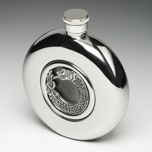 Drink Flask with a Celtic animal circular motif taken from old Irish Celtic Manuscript. The flask is polished to a high silverware finish and the center Glass surrounded by Celtic Animal allows one to see how much fluid is in the flask. Made in Ireland By Mullingar Pewter