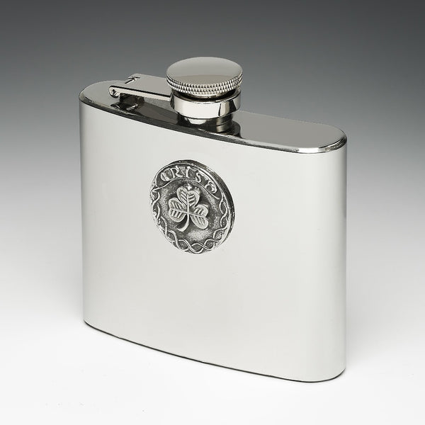 5OZ WHISKEY FLASK made of stainless steel with an Irish disc with shamrock and Celtic  lace  surround. If your Irish , you need one of these. Made in Ireland by Mullingar Pewter