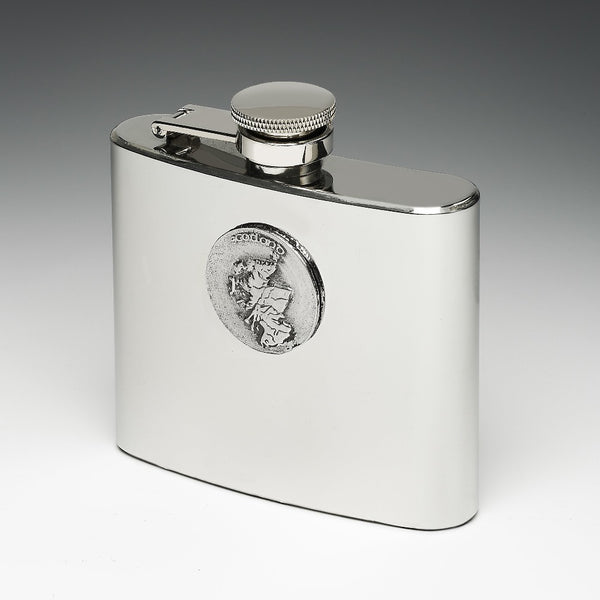 5OZ WHISKEY FLASK 32 tall and hip shaped. the pewter decoration is that of Scotland. made by Mullingar Pewter