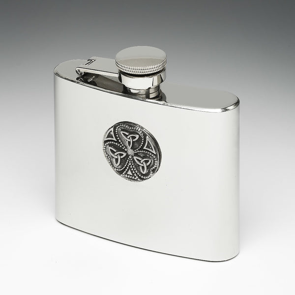 5OZ WHISKEY FLASK, 3" tall and hip shaped. The flask has a safe cap on top and also has a Shamrock with trinity knots in pewter design. Made in Ireland by Mullingar Pewter