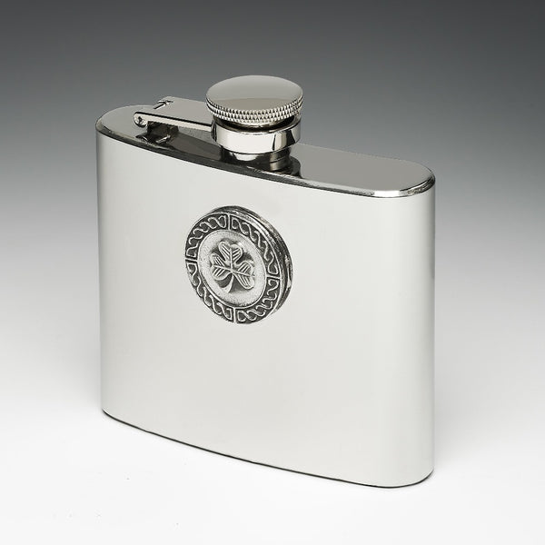 5OZ WHISKEY FLASK with one of Irelands most famous designs, The Shamrock which is surrounded by Celtic knotwork. The flask is 3" tall and hip shaped. Great gift for an Irish Best man. Made in Ireland by Mullingar Pewter