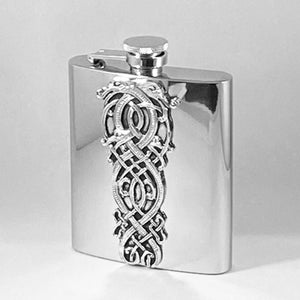 8OZ WHISKEY FLASK WITH CELTIC DRAGON DESIGN. the flask is 4 1/2" tall and is made of Stainless steel with pewter Celtic Dragon design on the front. Great mans gift. Made in Ireland by Mullingar Pewter
