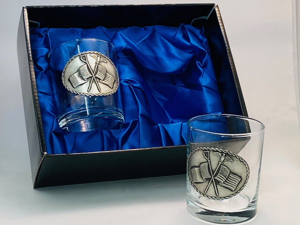 SET OF TWO WHISKEY GLASSES WITH PEWTER EMBLEM OF USA AND IRISH FLAG MADE OF PEWTER. Great to toast two great nations, Ireland and USA.