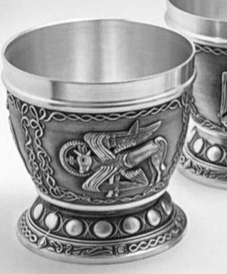  WHISKEY TUMBLER LUKE THE OX IS TAKE N FROM THE BOOK OF KELLS AND IS MADE OF PEWTER METAL. THE DESIGN IS SO UNIQUE AND ONLY FOUND IN THE BOOK OF KELLS. THE SYMBOL OF THE OX WAS USED BY THE MONKS TO REPRESENT ST.LUKE. polished silverware finish.