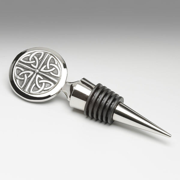 WINE BOTTLE STOPPER IN TRINITY SHIELD DESIGN. THE STOPPER IS 4 1/2" LONG AND FITS STANDARD WINE BOTTLE