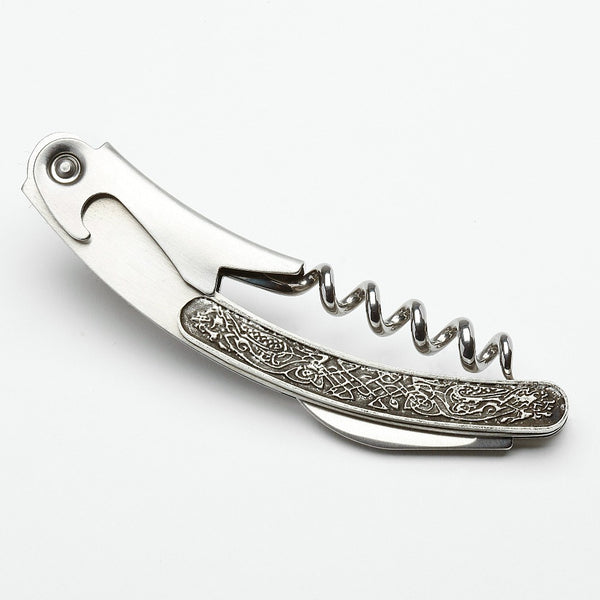 CORKSCREW KNIFE MADE OF PEWTER METAL AND STAINLESS STEEL IN SOFT SILVER POLISH FINISH. ÉTAIN ZINN PELTRO. Great as a token gift or thank you gift.