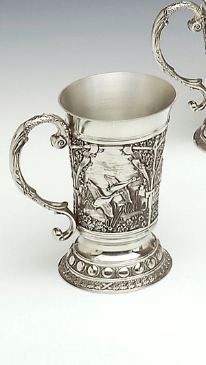 Woodlands tankard with malard duck embossing on a silver colour tankard made of Mullingar Pewter. The tankard stands 5 1/2" tall and holds 12 fluid ozs of liquid. handmade in Ireland