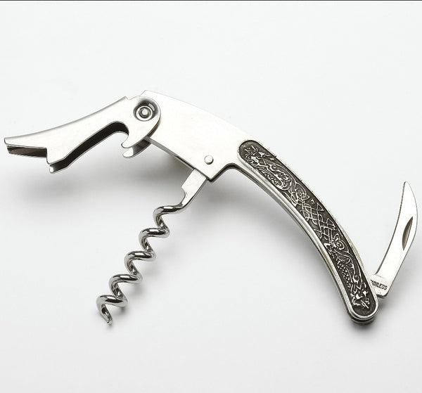 CORKSCREW KNIFE MADE OF PEWTER METAL AND STAINLESS STEEL IN SOFT SILVER POLISH FINISH. Every kitchen needs one of these.