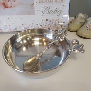 Pewter dish with spoon with teddy motif