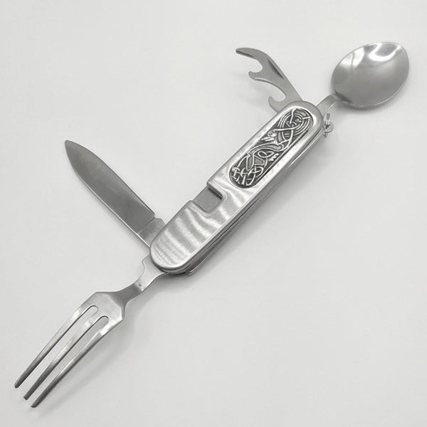 Celtic pattern, camping cutlery tool  made of stainless steel with a silver finish and a pewter pattern