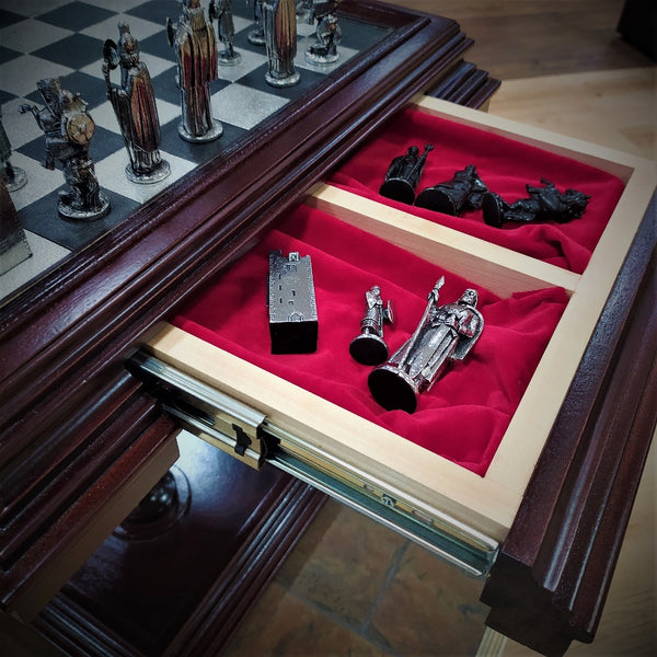Mahogany Chess table with Mullingar pewter Chess set with open drawer to show red velvet storage area. 
