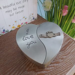 Heart shaped Jewellery engraved with 'I Love You' and embellished with a Mullingar Pewter Claddagh motif