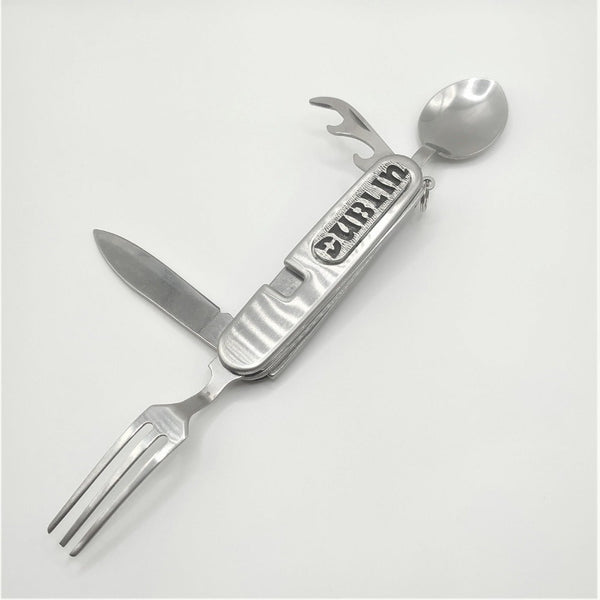 Stainless steel cutlery utential, a pocket foldable cutlery item silver in colour and with a Pewter embellishment stating Dublin.