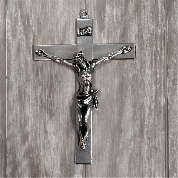 Large Crucifix of Christ on the Cross. Made from silver colour metal called Pewter. 