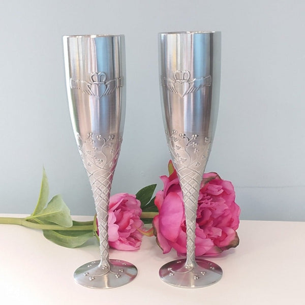 Champagne Pewter Flute Set with Claddagh Design